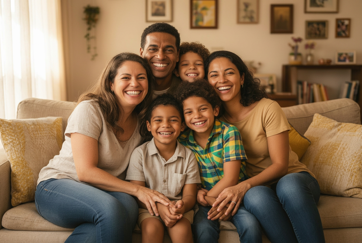 Família brasileira Família brasileira sorrindo no sofá